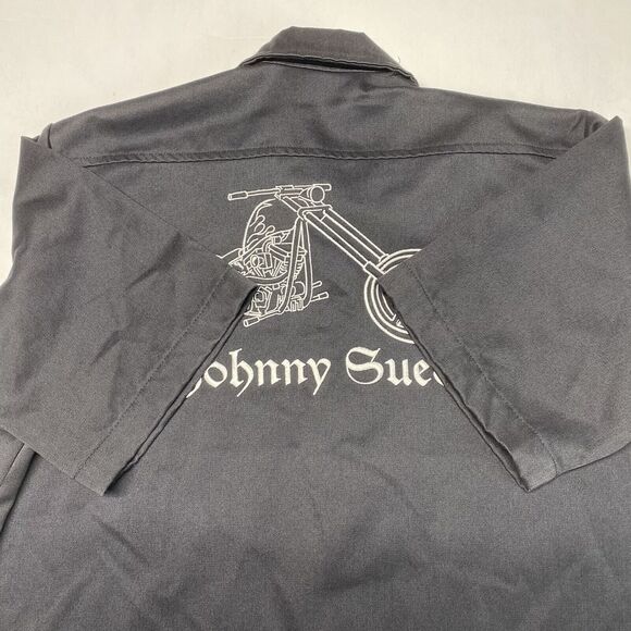 Johnny Suede Button Up Shirt Mens L Black Embroidered Motorcycle Biker USA EUC - Picture 9 of 10